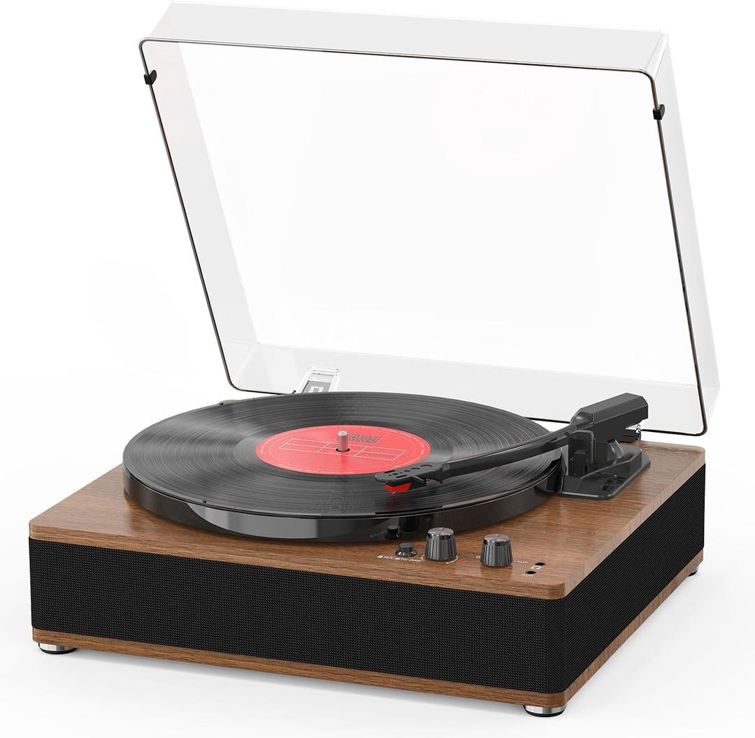 3-Speed Vinyl Record Player Sleek Bluetooth Turntable Full-Size Platter with Bluetooth Input/Output, Built-in Speakers, Counterweight & Auto-Stop with RCA/AUX Out, Tan
