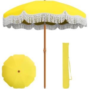 AreShark 7ft Patio Umbrella with Fringe, UPF50+ Beach Umbrella for Table, Pool & Garden, Portable Outdoor Tassels Umbrella w/Fiberglass Ribs&Push Bottom Tilt(Yellow)
