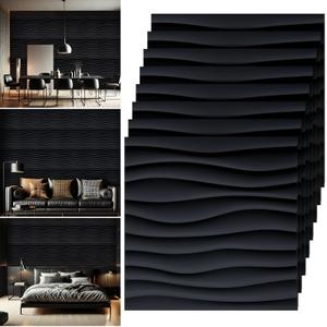 Chunful 30 Pcs 28.81 Sq ft 3D Wall Panels PVC Wave Design,11.8" x 11.8" Wall Panels Brick Wallpaper Waterproof for Interior Living Room Bedroom Decor(Black)