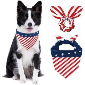 E-Clover 4th of July Dog Bandanas & Matching Scrunchie Set American Flag Dog Scarf Washable Patriotic Pet Bandana Triangle Kerchief Bibs for Medium Large Dogs Owner Gifts