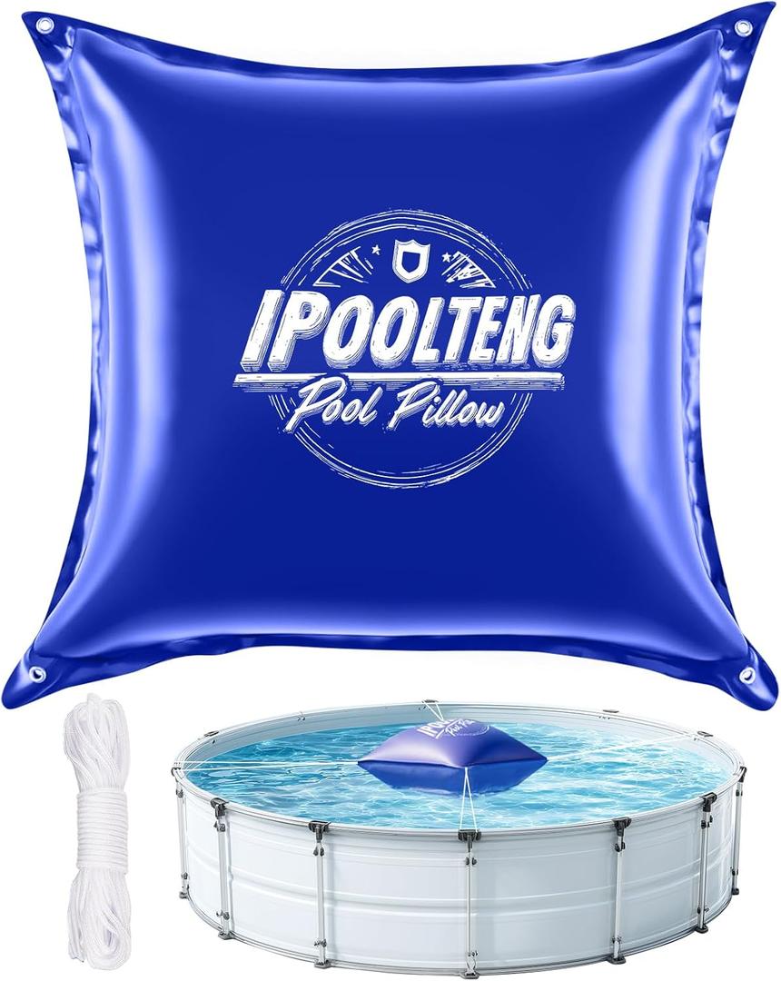 4 x 4 Ft Pool Pillows for Above Ground Pool, 0.5mm PVC Cold-Resistant Pool Pillow with Dual-Inflation Valve, Pool Cover Air Pillow with 65.6 Ft Rope for Supporting Pool Cover (1-Pack)