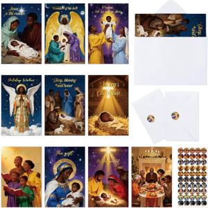 TICIAGA African American Religious Christmas Greeting Card - 50 Set Black Nativity Christmas Greeting Card With Envelope And Sticker, Nativity Blessing Postcard Exchange Gift For Xmas Winter New Year
