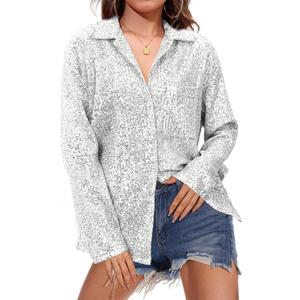 Zando Sequin Tops for Women Sequin Top Sparkly Tops for Women Sparkle Tops for Women Casual Party Club Button Down Shirt (Medium, White)