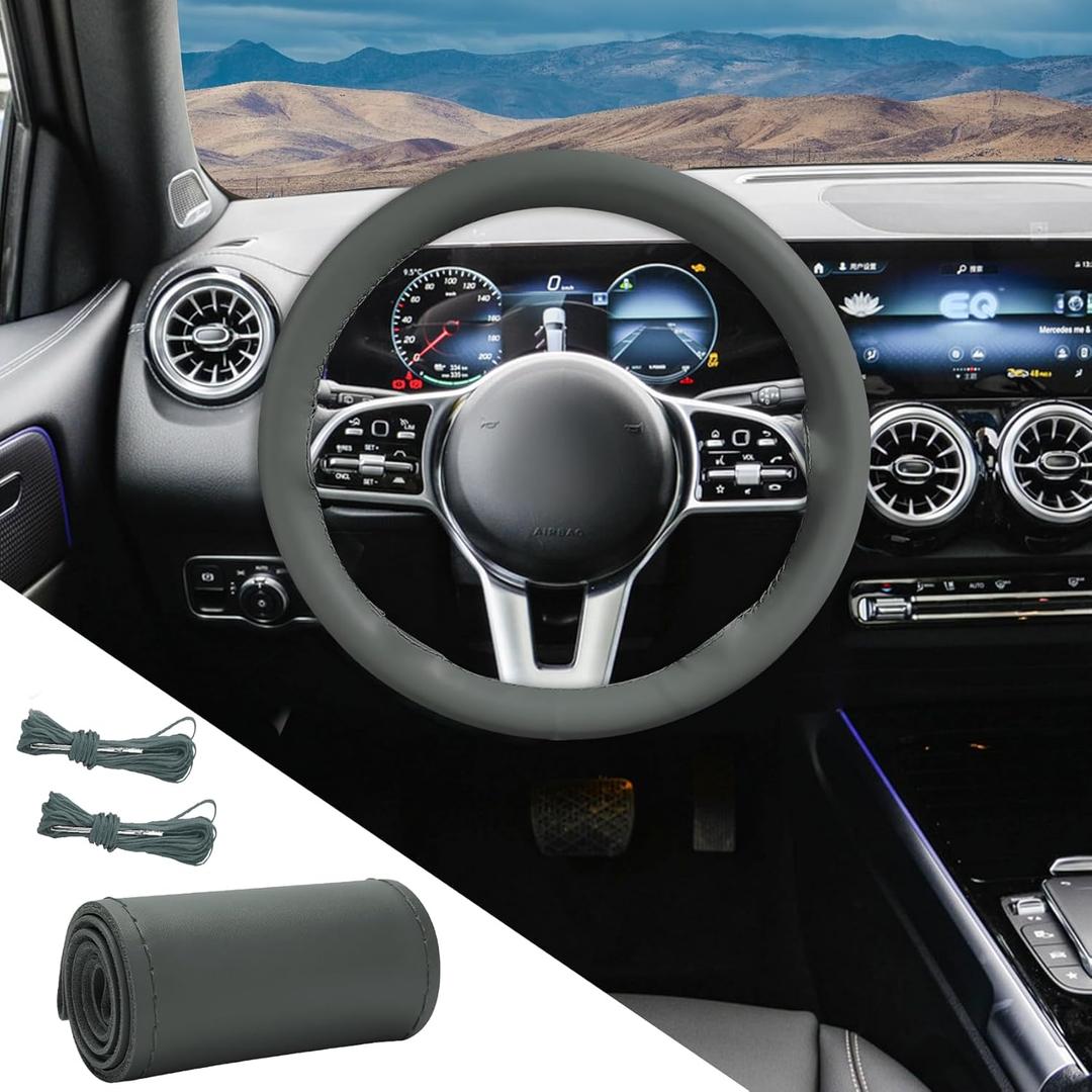 Genuine Leather Steering Wheel Cover, Universal Car Steering Wheel Protector with Needle Thread, Breathable Anti-Slip Steering Wheel Cover for Max Diameter 15 Inch, DIY Stitch on Wrap (Gray, Glossy)