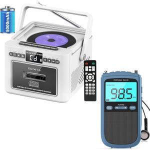 Boombox CD Player,CD Cassette Player Combo with Bluetooth,10W HiFi Speakers,Built-in 5000mAh Rechargeable Battery,FM Radio,Tape Recording,Remote Control,USB/AUX/Micro SD/3.5mm Headphone for Home