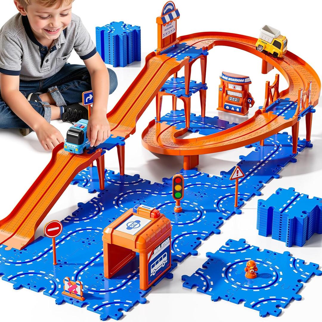 3-Tier Toddler Puzzle Race Cars Track Toys for Kids Age 3-5 5-8, 59PCS Puzzles Car Track Set Includes 2 Cars and Rich Road Signs, Educational Birthday Gifts for Kids, Boys and Girls