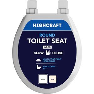 HIGHCRAFT Premium Round Toilet Seat with Slow-Close Design & Adjustable Hinges - Molded Wood Toilet Seat - Fits Standard Round Toilets - Round Seat in White
