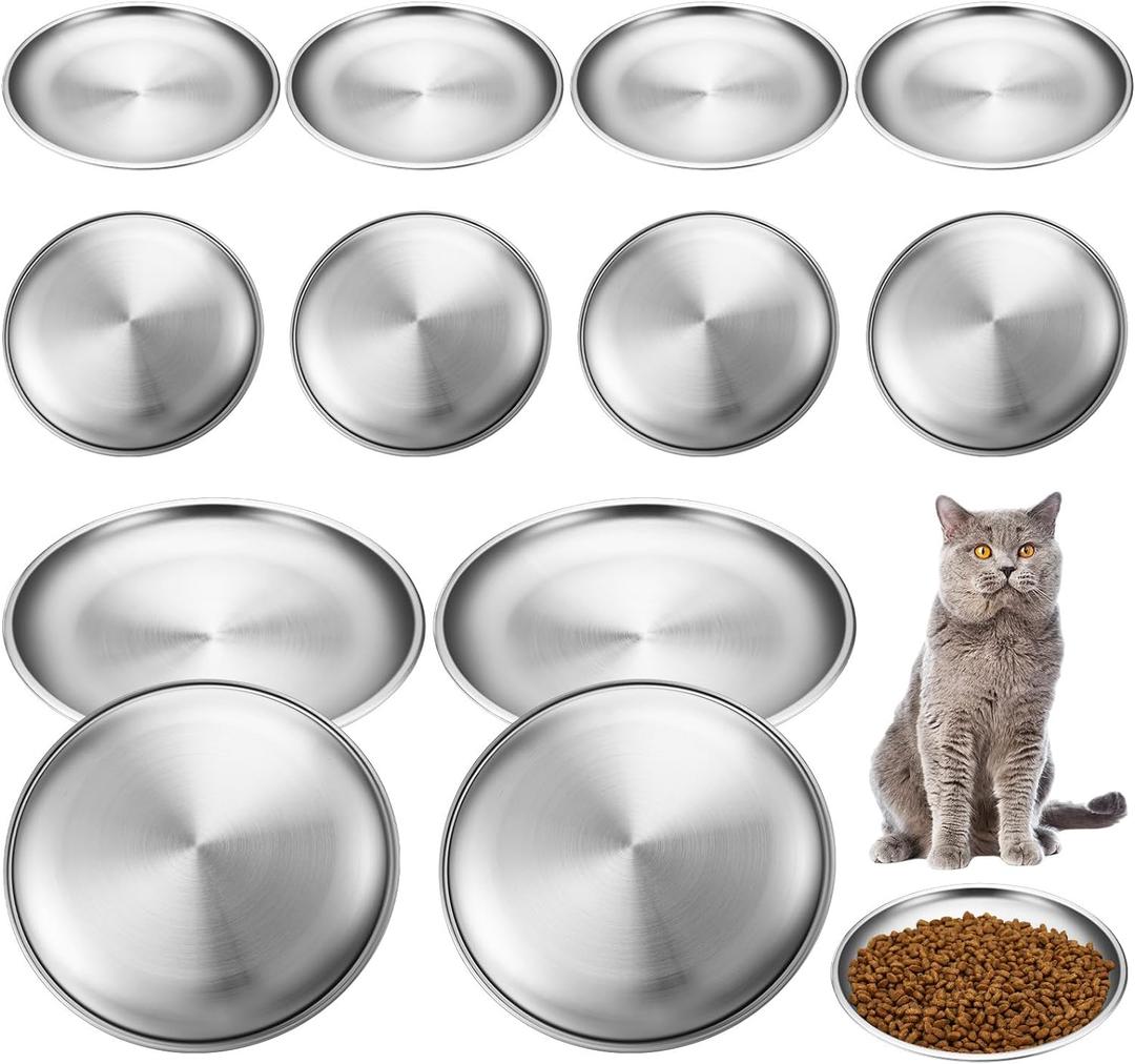 Domensi 12 Pieces Stainless Steel Whisker Friendly Cat Bowl Shallow Cat Food Dish 6.7 Inch Wet Feeding Bowls Flat Pet Dish Small Pet Plate for Kittens Ferrets Stray