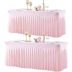 2 Pack Spandex Pink Fitted Table Cloth for 6ft Rectangle Tables Pink Stretch Tablecloth Table Covers Skirt Banquet Tablecloths Wrinkle Free Tablecloth for Parties Wedding