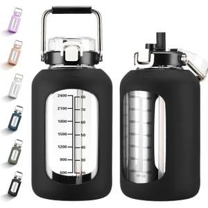MUKOKO 100oz Glass Water Bottle with Time Marker and Silicone Sleeve 3L Large Water Jug with Stainless Steel Handle Gallon Drinking Bottle with 2in1 Lid Wide Mouth BPA Free, Black