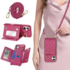 for iPhone 16 Plus Case with Card Holder and Strap for Women,Crossbody Lanyard, Make Up Mirror,Ring Stand,Snap Clasp,Cute Phone Wallet Cases 6.7 inch - Rose red
