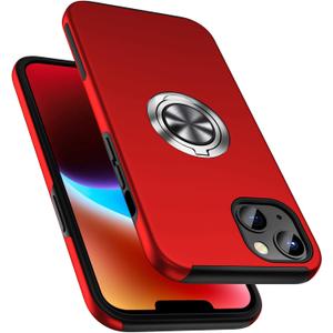 PELEPUES Shockproof Case for iPhone 14 6.1 inch, [Embedded Finger Ring] Military Grade Phone Case Cover with Reinforced Metal Stand Kickstand [Support Magnetic Car Holder] for iPhone 14, Red