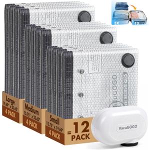 Travel Vacuum Storage Bags with Pump, Carry-on Luggage Compression Bags + Portable Electric Pump, 80% Space Saver for Clothes, Vacuum Seal Bags for Clothing Packing Travel, Pack of 12