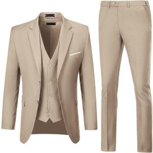Men Suits 3 Pieces Set Slim Fit Wedding Suit Groomsmen Prom Suit Tuxedo Business Formal Casual Groom Suit Jacket Blazer Pants (Large, Champagne)