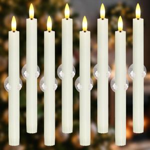 8pcs 0.78" x10" Plastic LED Ivory Flameless Window Candles with Sensors from Dusk to Dawn, Battery Operated Flickering Taper Warm Glow for Festival Decoration with Suction Cups