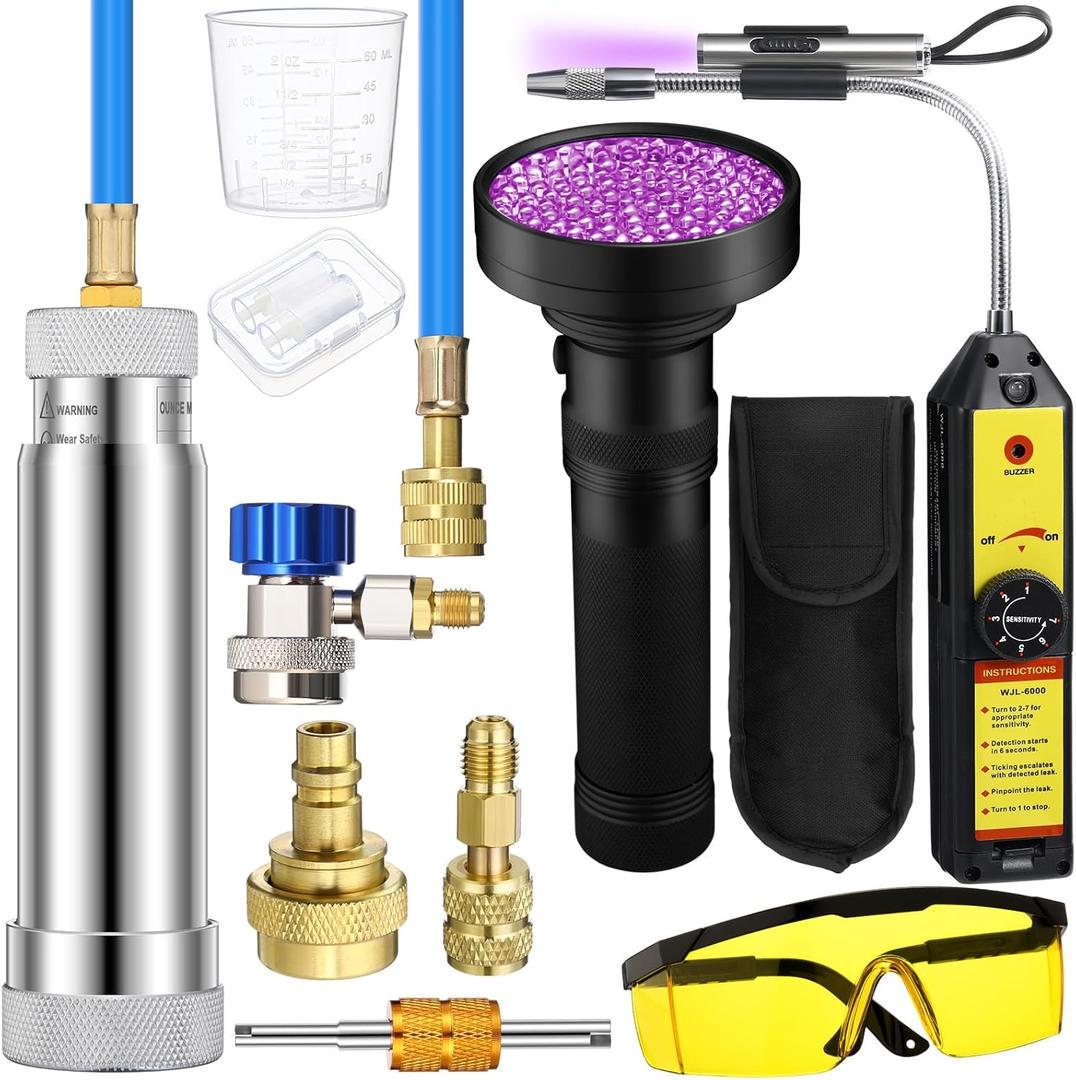 AC Leak Detector Kit, R1234yf R134a R410a AC Oil UV Dye Injector Kit Refrigerant Leak Detector Tool Low Side Quick Coupler Mini Split Adapter Glasses Flashlight(Simple)