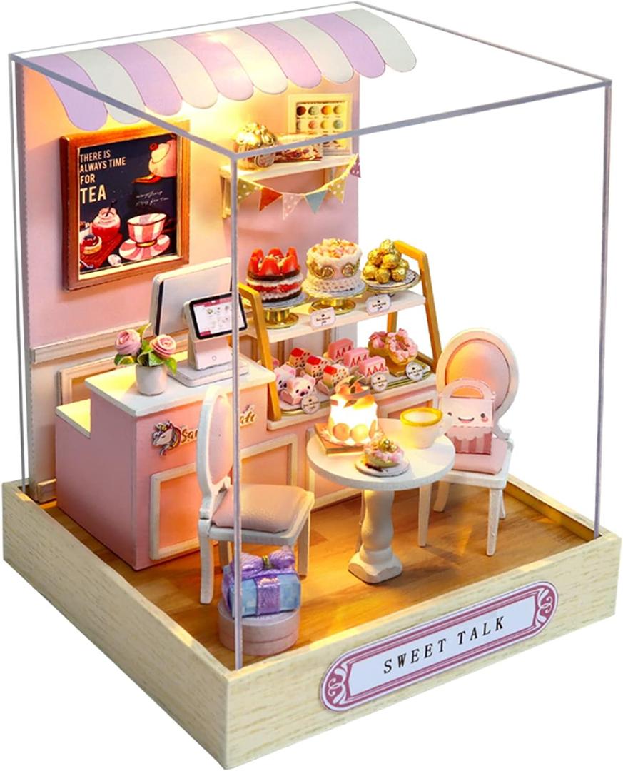 CUTEROOM DIY Doll Room Miniature Furniture Wooden House Kit-Sweet Talk | DIY wooden miniature room, built-in LED light ,protective dust cover included, detailed English manual, perfect display gift, 1:12