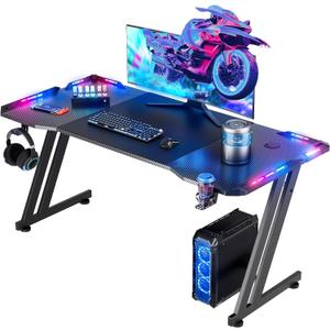 HLDIRECT 47 Inch Gaming Desk with LED Lights, Large RGB Computer Gaming Desk Table with Cup Holder Headphone Hook Mouse Pad, Ergonomic Modern Carbon Fiber Mesa Gamer Pc Work Home Office Desks, Black