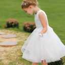 Flower Girl Dress Half Sleeves Lace Top Tulle Skirt Girls Birthday Wedding Party First Communion Dresses (White, S)