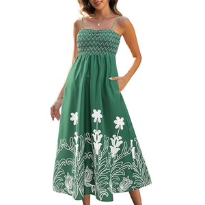 Spaghetti Strap Maxi Dress Women Smocked Midi Dresses Flower Embroidered Summer Sundress Boho Beach Vacation, Large