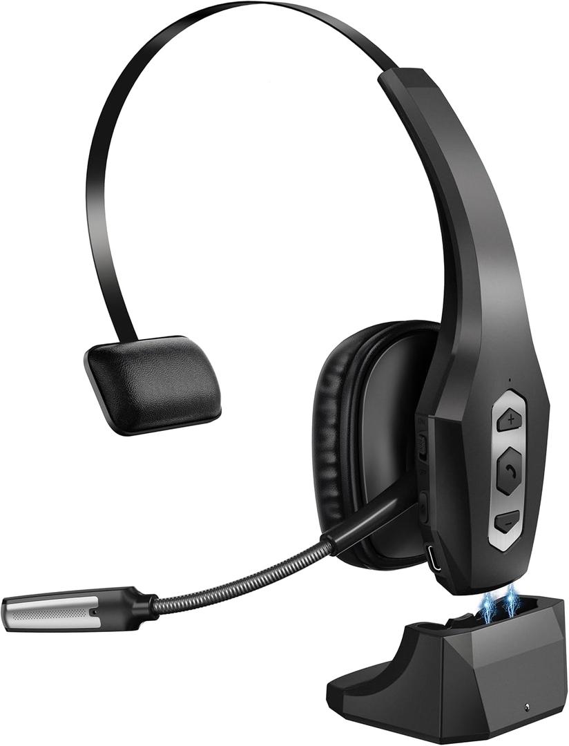 Trucker Bluetooth Headset with Charging Base, Wireless Hands-Free Headset with Noise Canceling Mic & Mute Button, 56Hrs Working Time PC Headsets for Cell Phones, Computer, Truck Driver (BLACK)