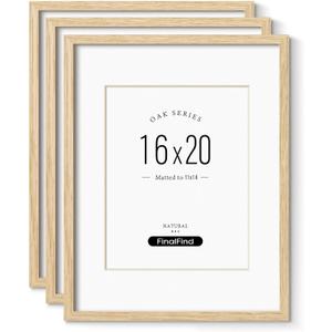 Minimalist 16x20 Frames with Mat for 11x14 Set of 3, Natural Solid Oak Wood 16x20 Frame, Lightweight for Wall Mounting(3 Pack, Oak)