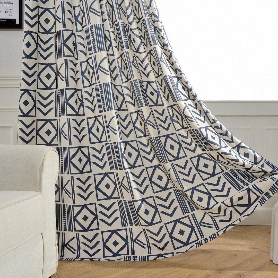 Melodieux Blue Geometric Pattern Room Darkening Grommet Curtains for Living Room Dining Room Bedroom, 52 by 84 Inch, 2 Panels