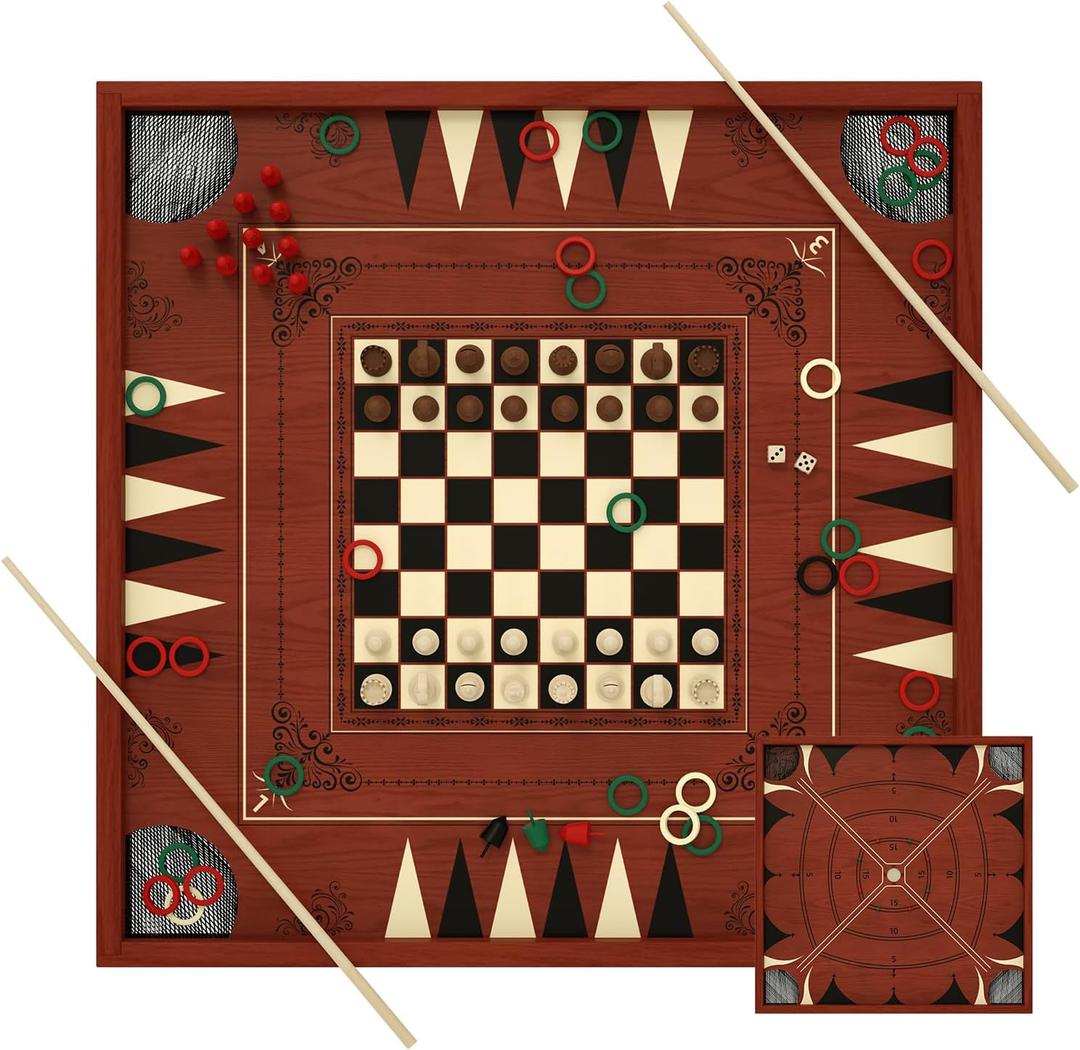 Carron Board Game Set, 27.5 Inch Crokinole/Backgammon/Bowling Game, Tabletop Flicking Game with Discs, All in One Board Game Set for Adults, Family Game Night