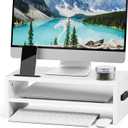 Marbrasse Monitor Stand Riser, 16.5 Inch 2 Tier Computer Printer Shelf Stand for Laptop Computer Screen Storage, Desktop Stand with Phone Holder and Cable Management (White)