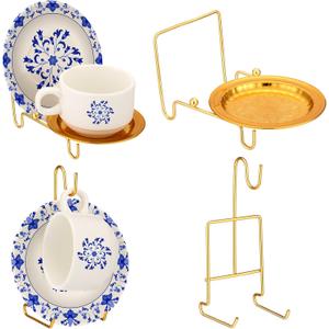 Teenyyou 4 Pcs Tea Cup Display Stand Gold Metal Saucer Racks Tea Cup Holder China Display Stand Picture Frames Book Card Mug Organizer Bowl Decorative for Kitchen Table Plate Art