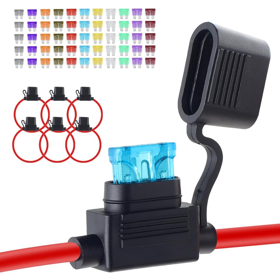 6 Pack Inline Fuse Holder 12V, Upgraded 12 AWG Waterproof Fuse Holder with 66 Pcs Standard Car Fuses (2A/3A/5A/7.5A/10A/15A/20A/25A/30A/35A/40A), YNZDRWA in Line Fuses Holders 12v for Marine Auto