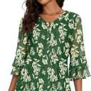 Rapbin Women Dressy Blouse 3/4 Sleeve Tiered Bell Sleeve Double Layers Mesh Shirt Trendy Flowy Tunic (Small, A2 Green Yellow Floral)