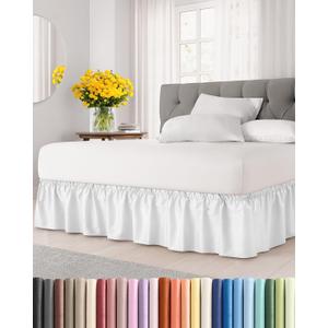 Wrap Around Dust Ruffle Bed Skirt - White - for King Size Beds with 12 Inch Drop - Easy Fit Elastic Strap - Adjustable Pleated Bedskirt w/Brushed Fabric - Wrinkle Free - for Women, Men, Kids & Teens