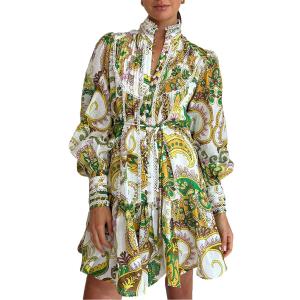 Roiii Women A-Line Lace Loose Baroque Button Down Long Sleeve Casual Dresses V Neck Embroidery Party Short Dress (X-Small, Green)