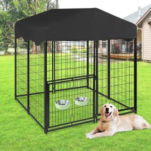 Dog Kennel Outdoor, 4'L x 4'W x 4.5'H Dog Kennel Outside with Waterproof Roof Metal Dog Cage for Outside with Rotating Feeding Door, Bowls, Dog House Enclosure for Dogs
