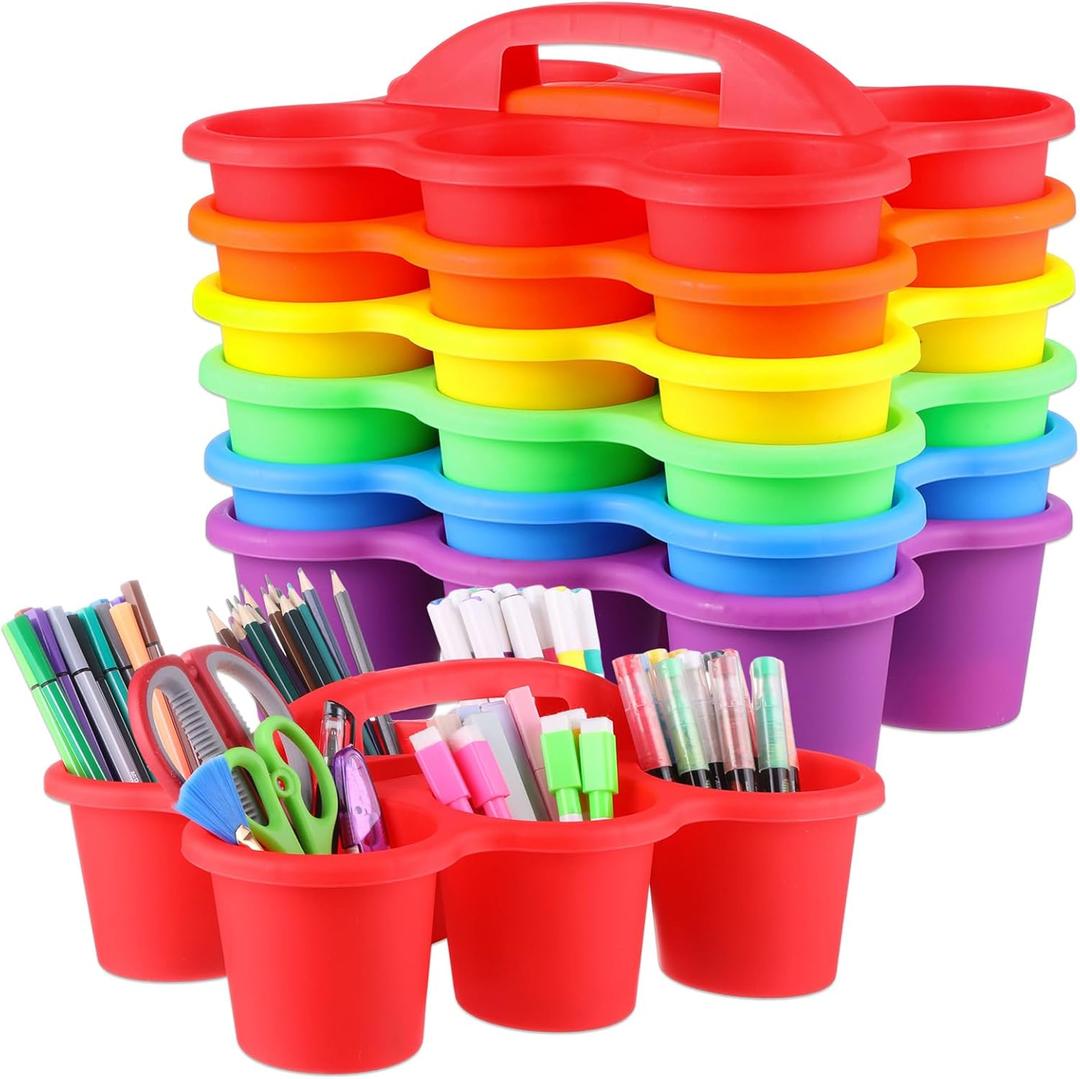 6 Pack Classroom Caddy Organizer with Handle Colorful Plastic Table Caddy Drink Cup Caddies Holder 1293.5 Inches Storage School Supplies 6 Compartments for Table Crayon Pencil Cup Marker Craft