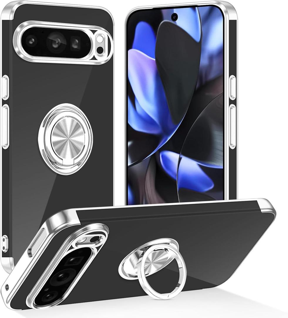 Tnarru Designed for Google Pixel 9 Pro XL Clear Case with Stand [Magnetic Ring Holder Kickstand] Soft TPU Bumper Non-Yellowing Anti-Scratch Lightweight Slim for Google Pixel 9 Pro XL Case Silver