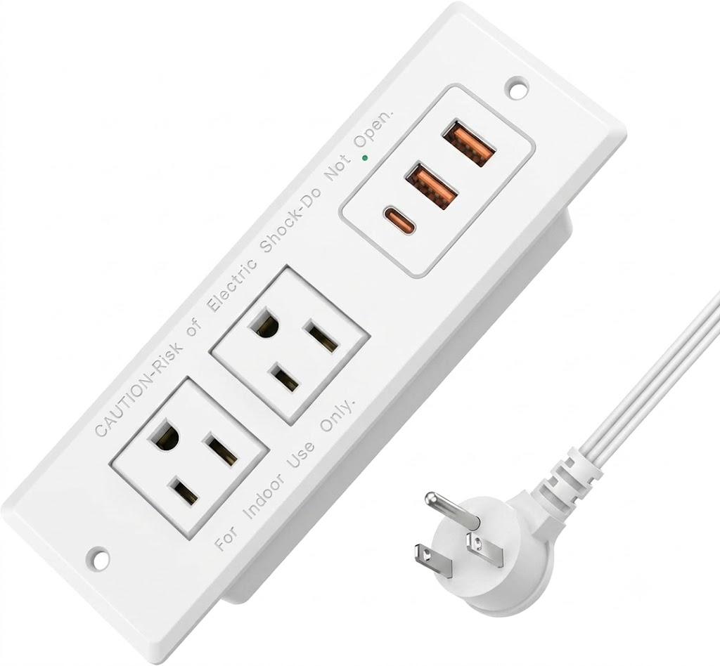 Recessed Power Strip, Flush Mount, 20W USB-C, 45°Flat Plug, 6FT Cord | Hidden Charger Station, Recessed Outlet for Desk Drawer, Home Office Furniture, White, ETL Listed