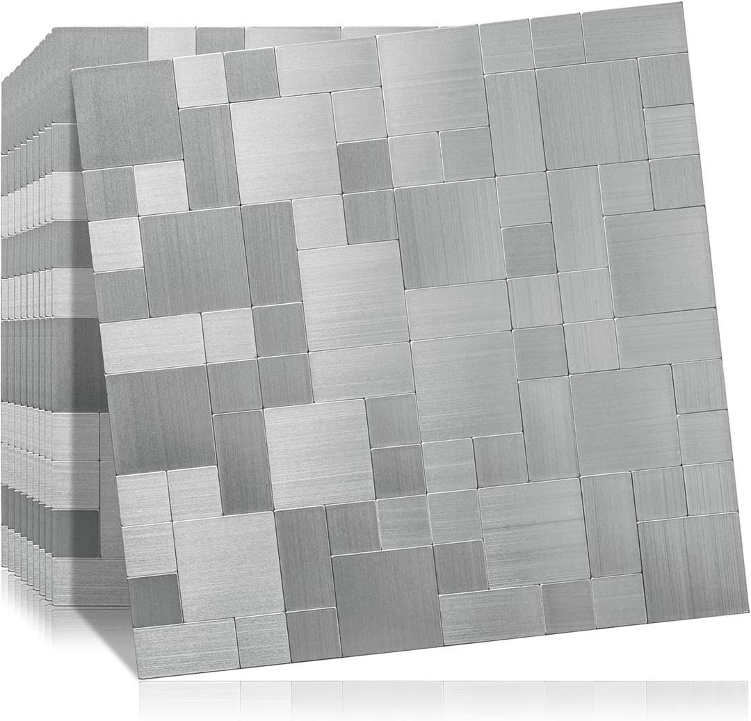 DICOFUN 10-Sheet Peel and Stick on Tile Backsplash Stainless Steel Metal for Kitchen Stove (Brushed Aluminum)