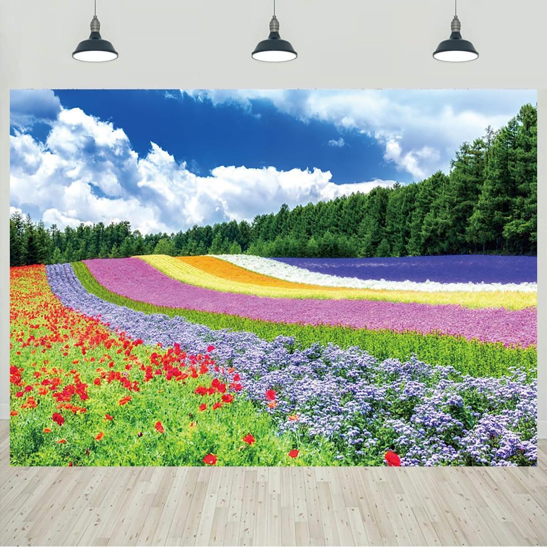 7x5ft Spring Scenery Backdrop Colorful Flowers Field Blooming Floral Forest Photography Background Nature Scenery Theme Decorations Room Decor Kids Adults Portraits Banner Photo Studio Props