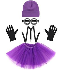 PIIDUOO Purple Minion Costume Accessories for Women - Adult Halloween Costumes Party Cosplay Set with Goggles Glasses Beanie Gloves Suspenders Tutu
