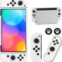 Switch OLED Case for Nintendo Switch OLED Model, Dockable Cover Soft TPU Protector Case for Switch OLED Grips & Console and Accessories with 2 Pcs Thumb Caps, White
