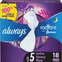 Always Radiant Flexfoam Pads for Women, Size 5, Extra Heavy Overnight Absorbency, With Wings, Scented, 18Count