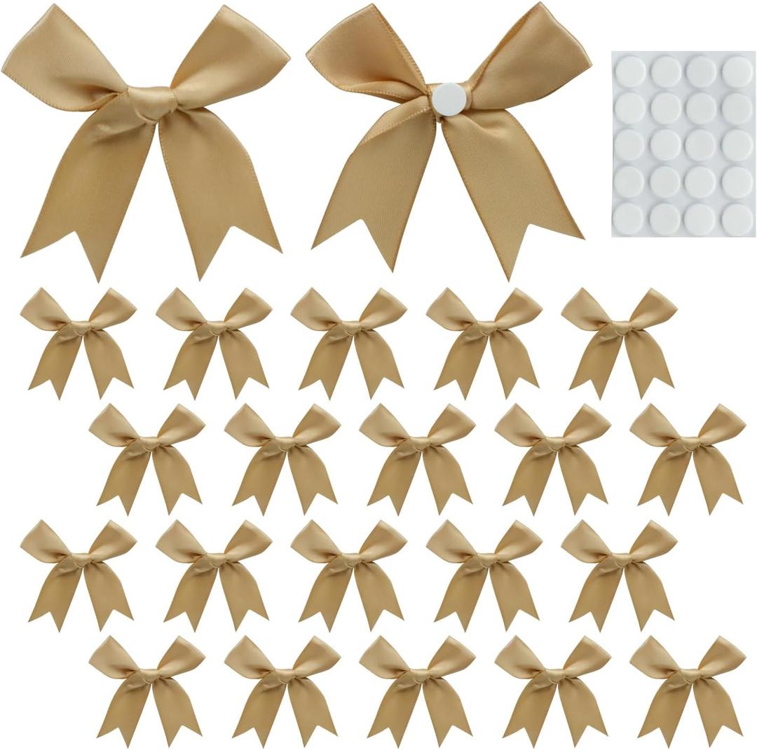 3 x 20 Pcs Light Pink Satin Bows, 3.3 Inch Bows Decor for Gift Wrapping Treat Bags Birthday Wedding Party Decors DIY Crafts (Gold)