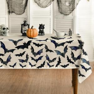 Horaldaily Halloween Tablecloth 60x140 Inch Rectangular, Bats Washable Table Cover for Party Picnic Dinner Decor (Beige)
