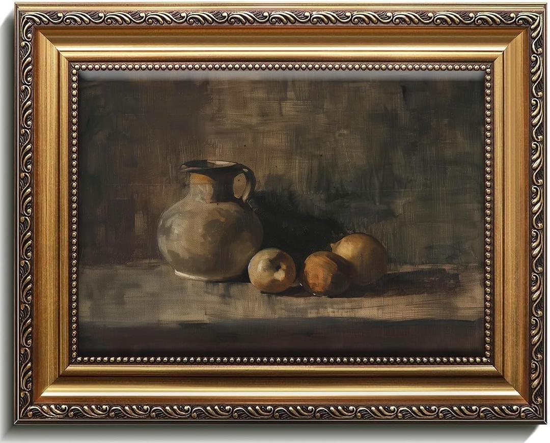 Farmhouse Still Life Picture Living Room - Rustic Vintage Decor for Bedroom - Peach Fruit Dining Room Moody Muted Oil Painting Art Deco Framed Wall Art for Kitchen - 9 x 12