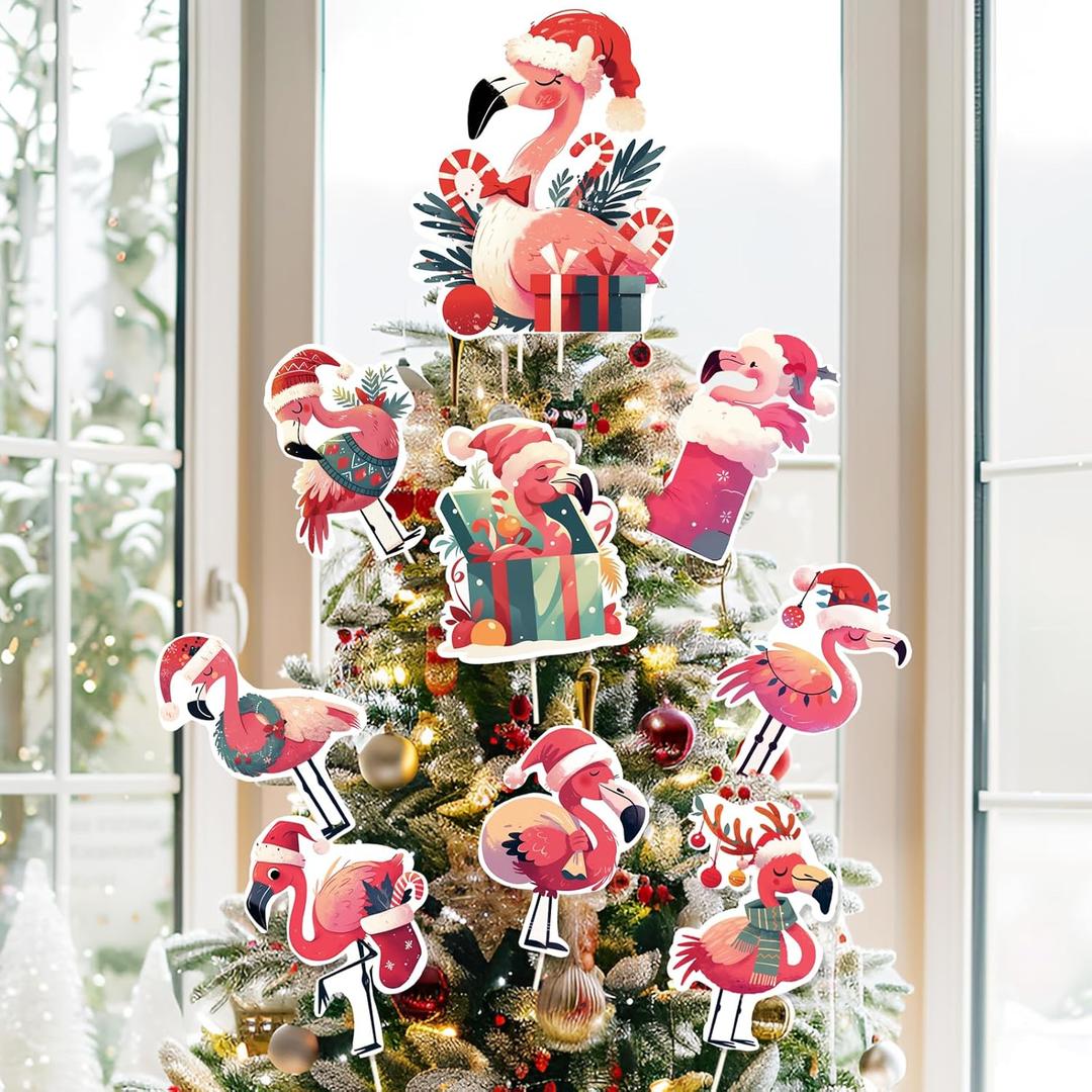 Christmas Pink Flamingo Ornaments for Christmas Tree Flamingo Tree Topper 9Pcs for Xmas Tree Top Decoration Indoor Outdoor Home Decor Holiday Party