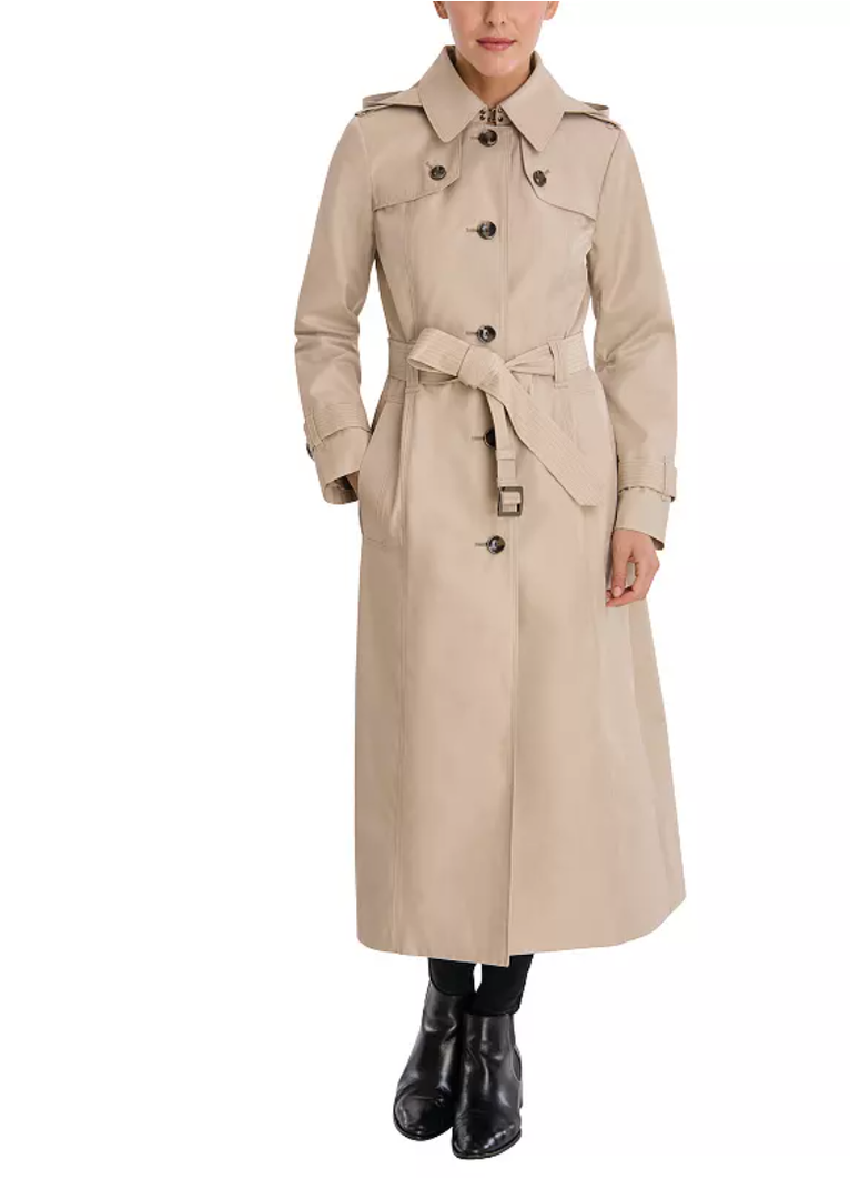 London Fog Womens Single Breasted Long Trench Coat with Epaulettes and Belt, BR khaki (Medium)