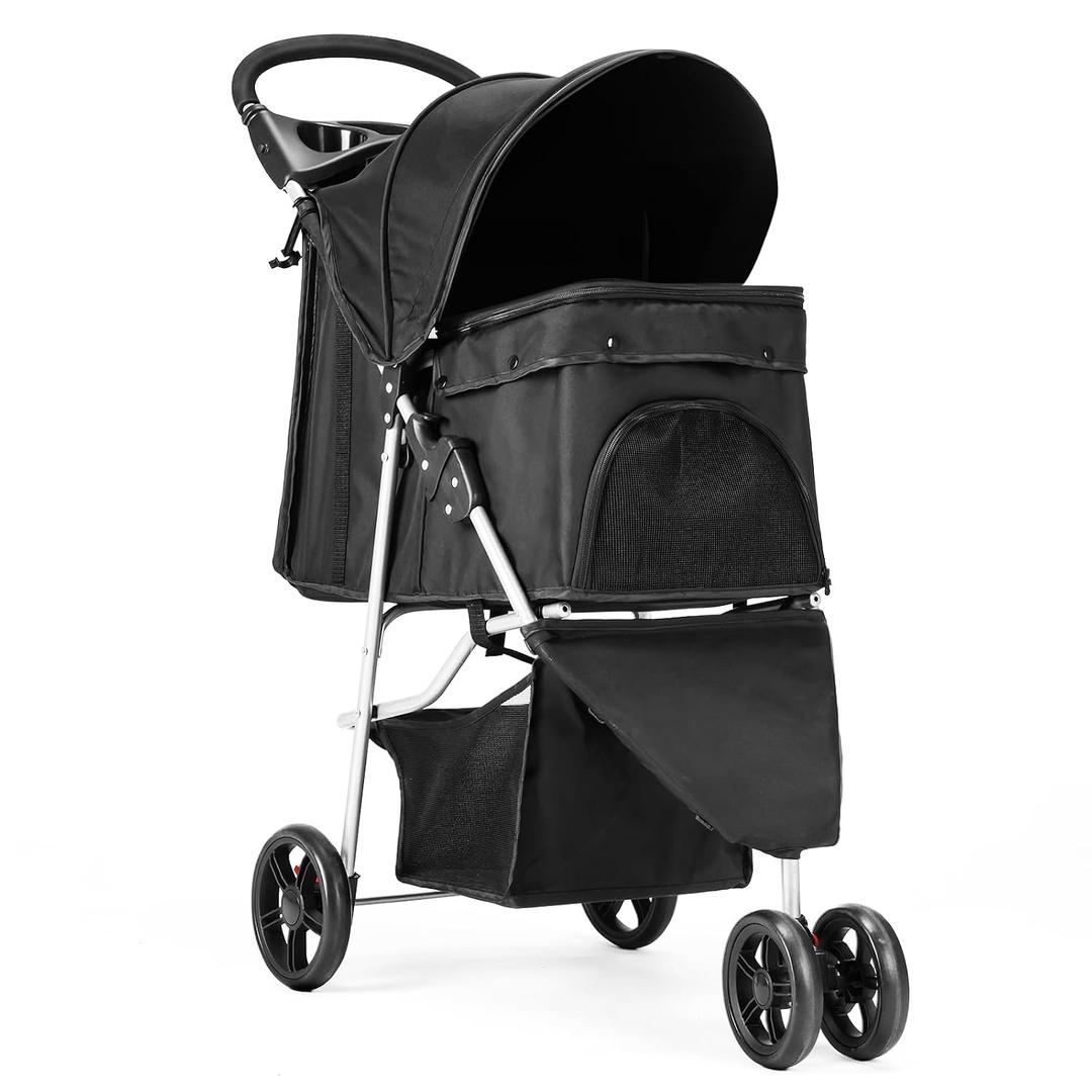 DUMOS 3 Wheels Pet Stroller for Small Dogs and Cats Foldable Dog Stroller with Mesh Windows, Storage Basket & Cup Holder, Lightweight & Durable Pet Carrier for Travel, Outdoor Use Black