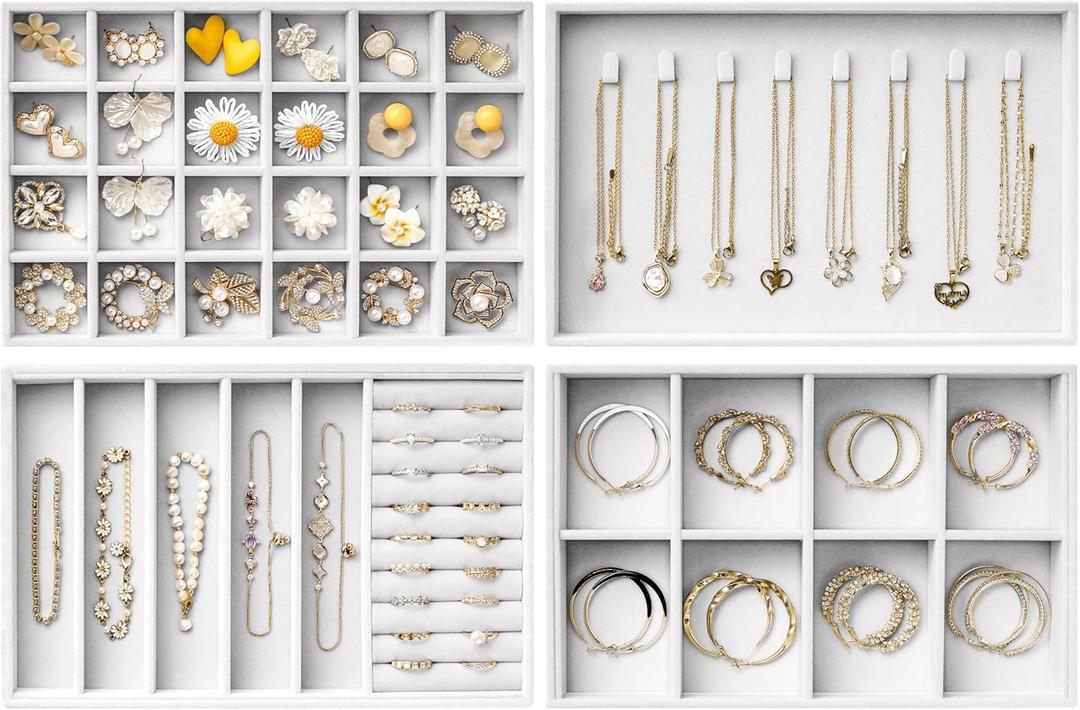 Velvet Jewelry Drawer Organizer Trays – Large White Stackable Jewelry Storage Inserts Set, 4-Layer Jewelry Tray Set for Earrings, Rings, Necklaces, Bracelets with Removable Dividers for Dresser,Vanity